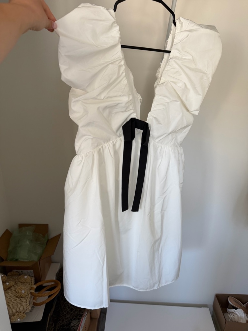 Anthropologie White Mini Dress with Black Tie Detail